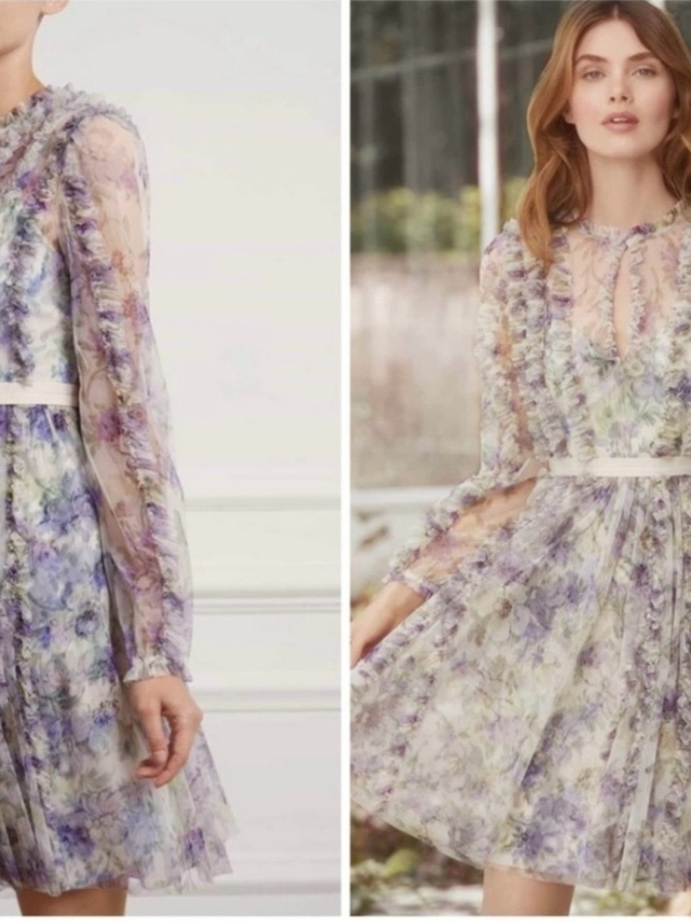 Needle & Thread Lavender Multi Floral Long-Sleeve Fit & Flare Dress